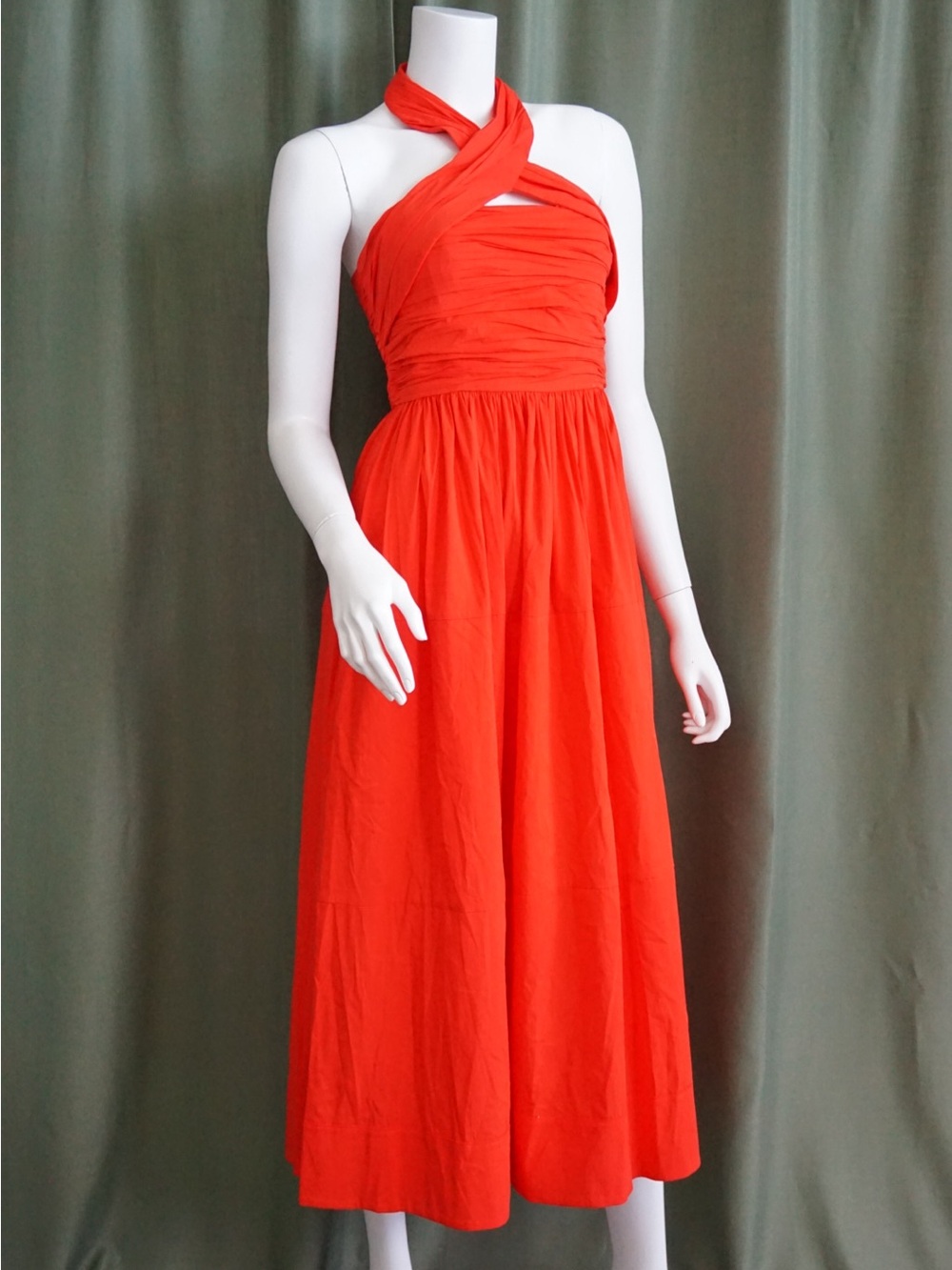 Cinq a Sept Halter Neck Poplin Gathered Midi Orange "Taylen" Dress - Size 6